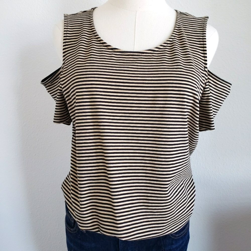 MICHAEL KORS Cold Shoulder Striped Short Sleeve Top—NWT—L - Picture 1 of 11
